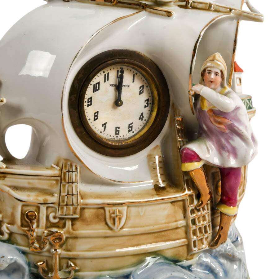 German Porcelain New Haven Figural Ship Mantel Clock Set-6