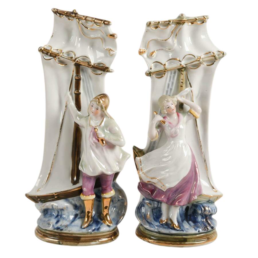 German Porcelain New Haven Figural Ship Mantel Clock Set-4