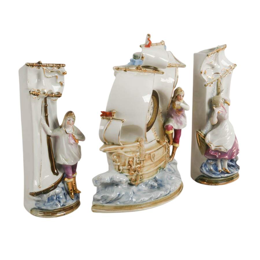 German Porcelain New Haven Figural Ship Mantel Clock Set-3