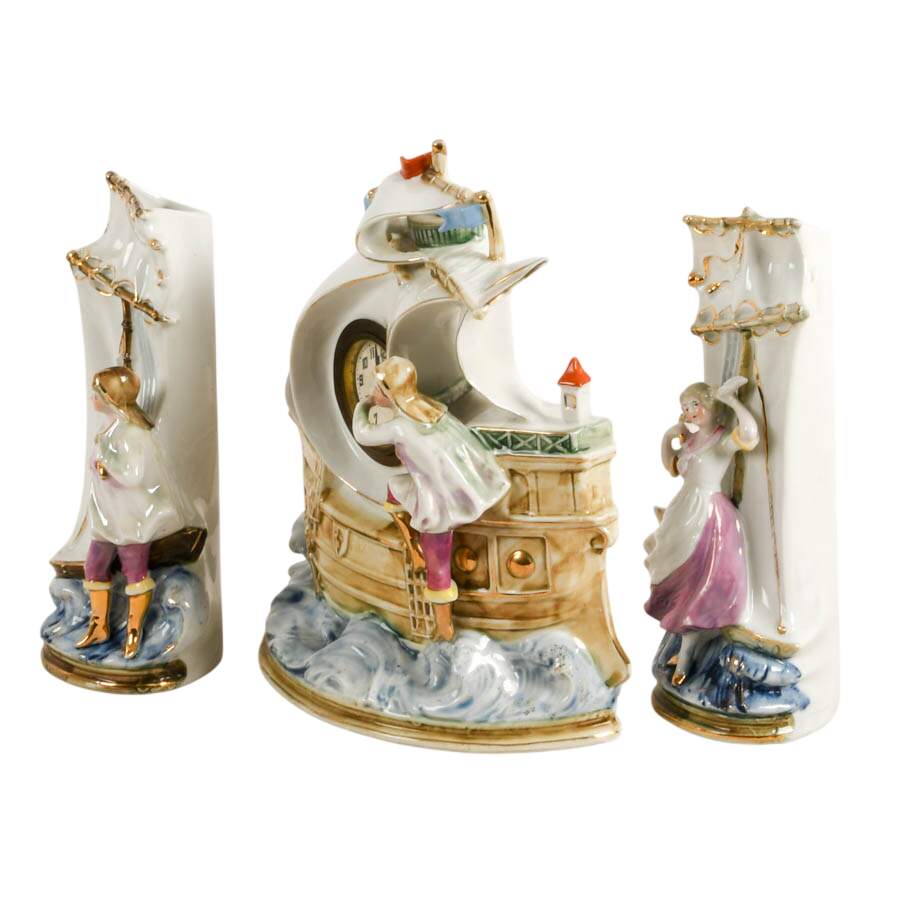 German Porcelain New Haven Figural Ship Mantel Clock Set-2