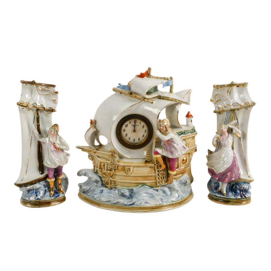 German Porcelain New Haven Figural Ship Mantel Clock Set-1