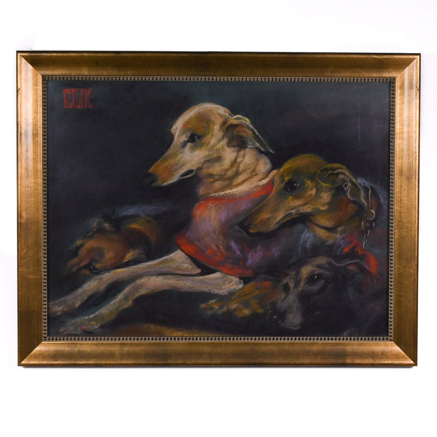 Framed Signed Untitled Grey Hounds Pastel-1