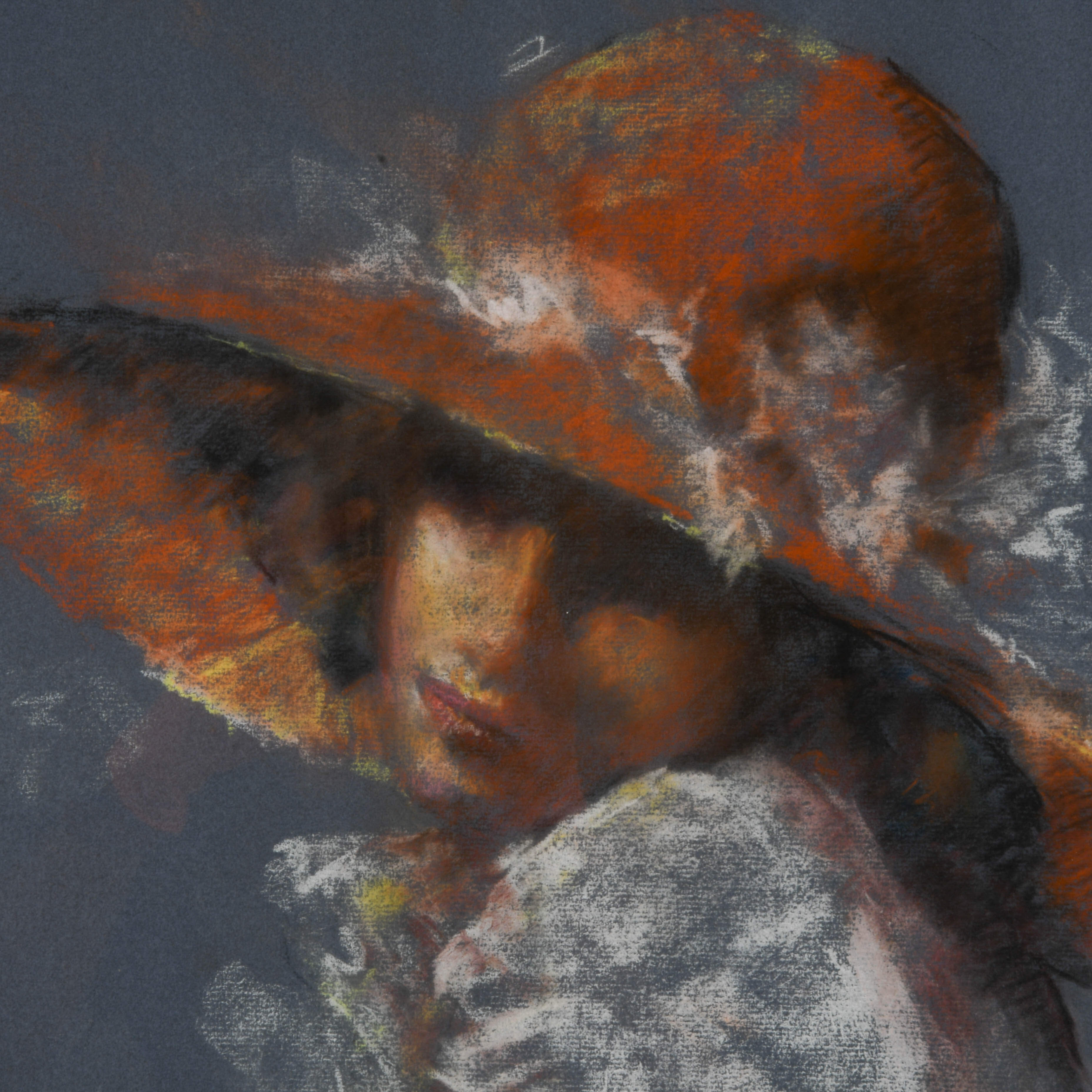 Framed Signed "Girl in Red Hat" Pastel on Paper-3