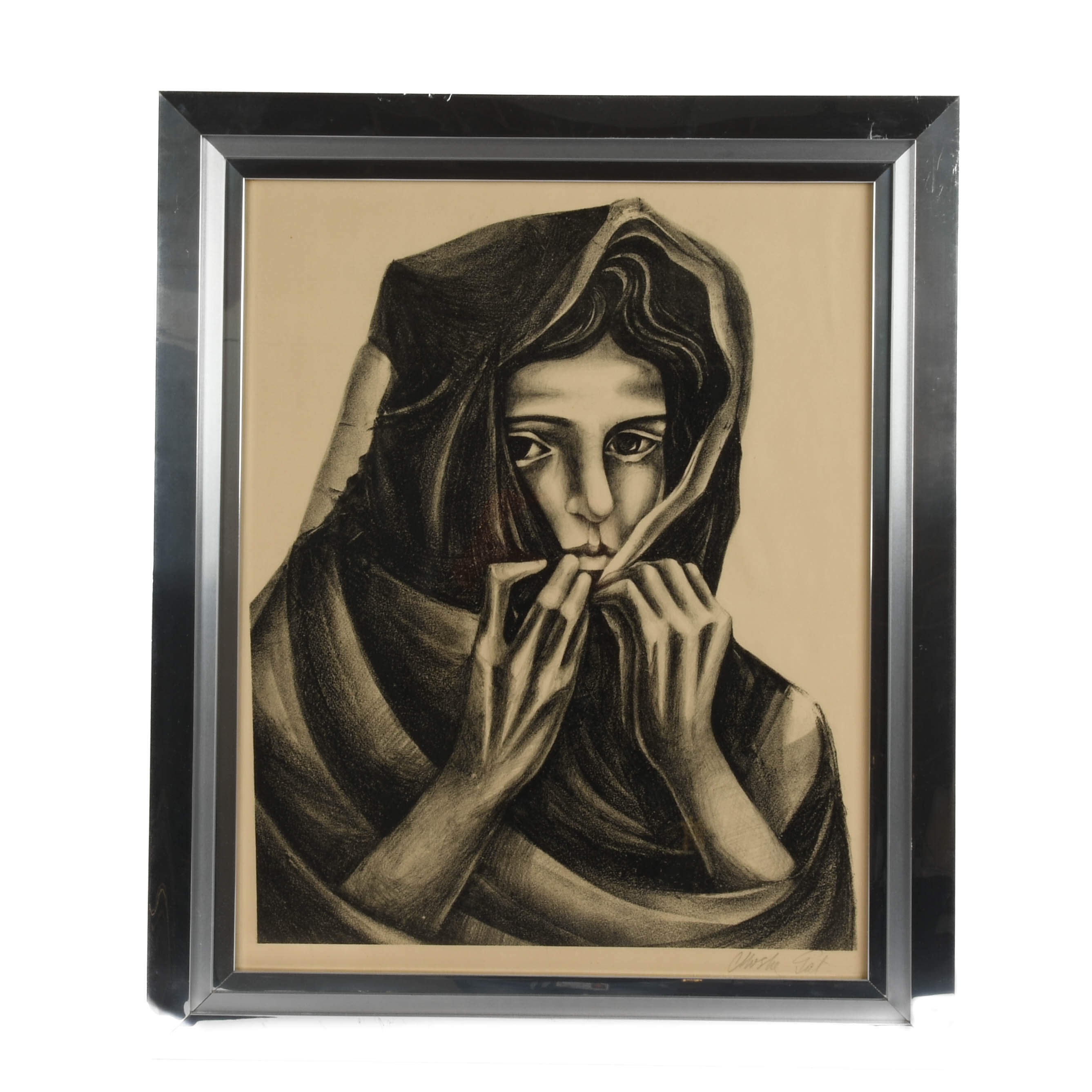 Framed Signed Moshe Gat "Untitled Portrait" Charcoal on Paper-1