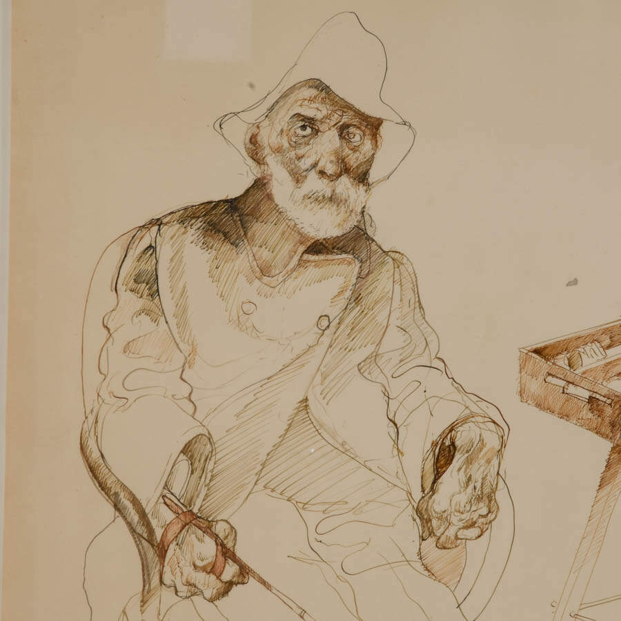 Framed Signed Carlos Alonso Self Portrait Drawing on Paper-3