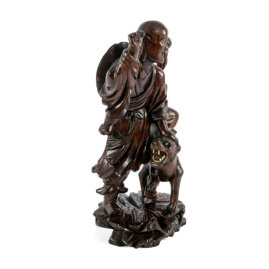 Chinese Carved Wood Man with Tiger Figure-9