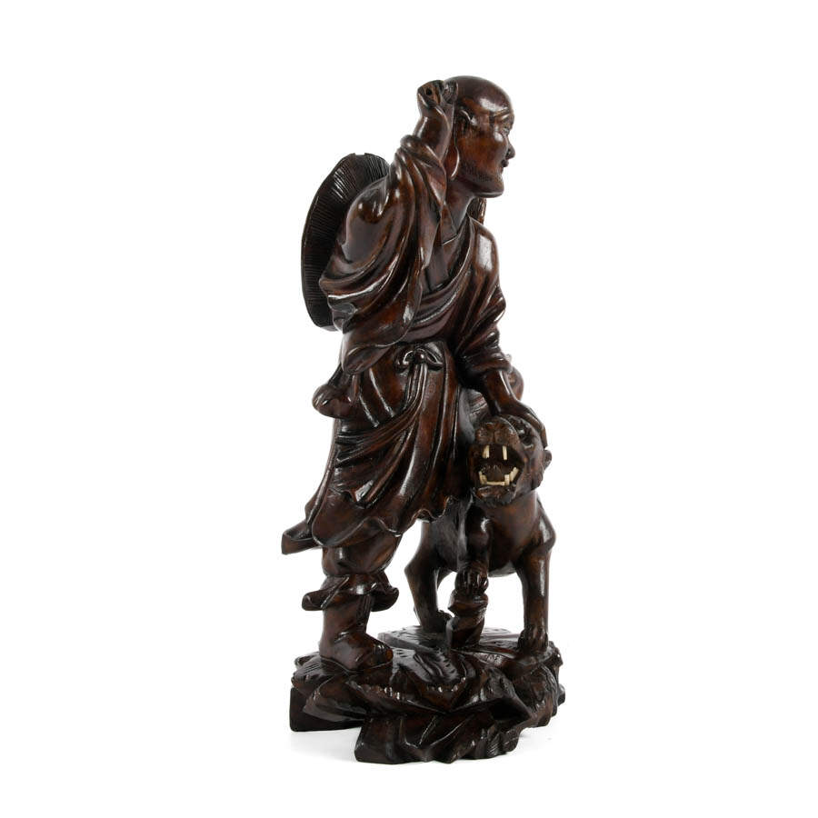 Chinese Carved Wood Man with Tiger Figure-2