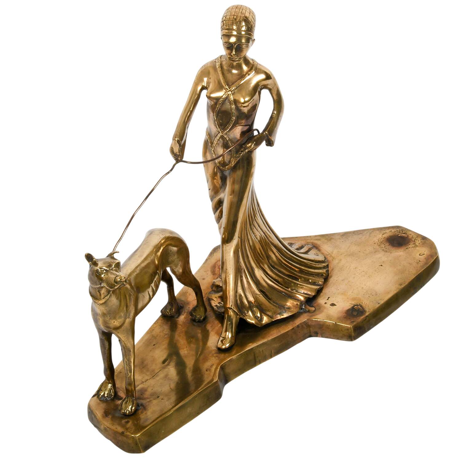 Bronze Art Deco Figural Dog and Lady Grouping Sculpture-5