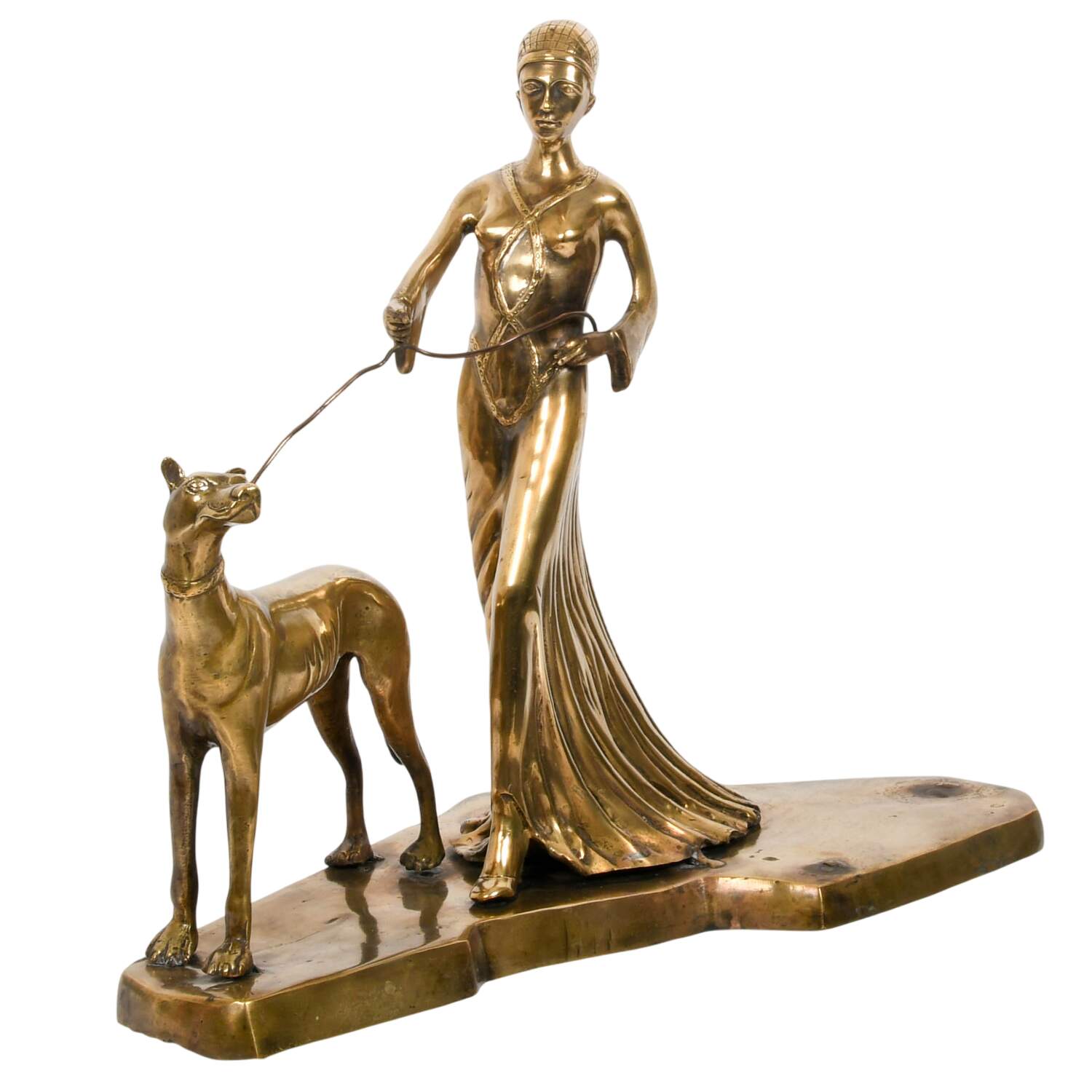 Bronze Art Deco Figural Dog and Lady Grouping Sculpture-2