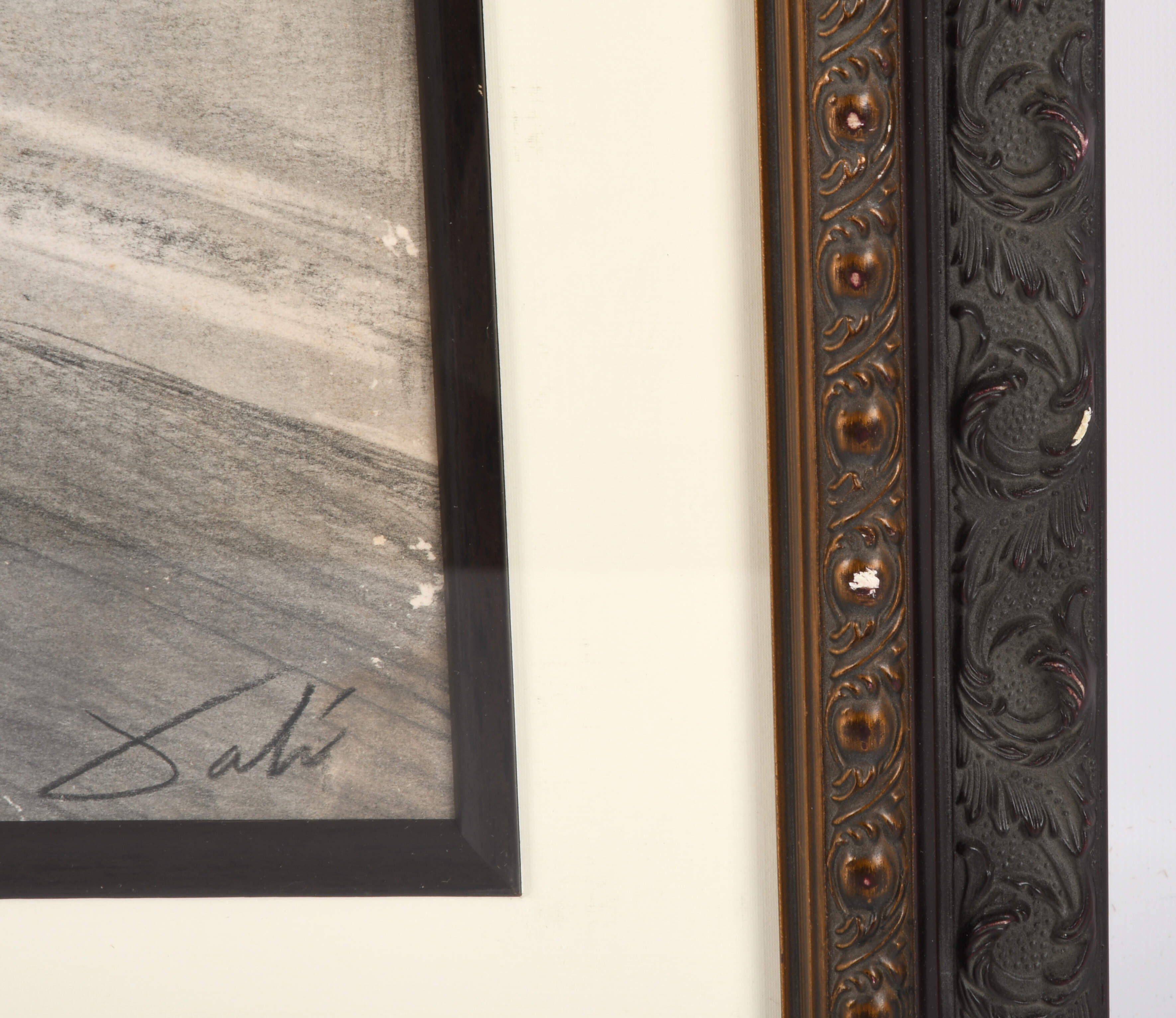 Framed Signed Gallery Scene with Female Bust Charcoal on Paper-4