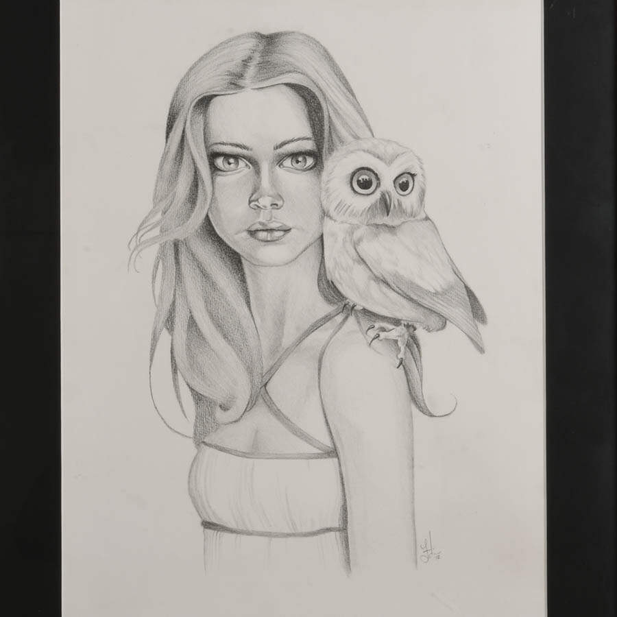 Framed "Girl with Owl" Pencil on Paper Signed by Patrick Fatica in 2012-2