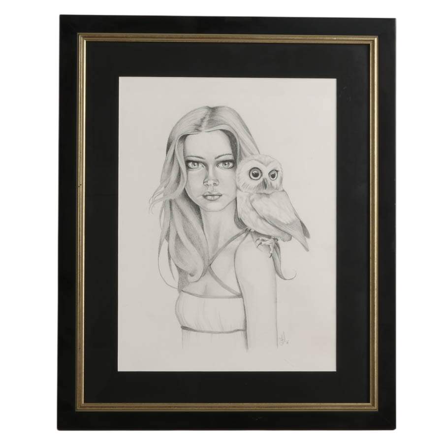 Framed "Girl with Owl" Pencil on Paper Signed by Patrick Fatica in 2012-1