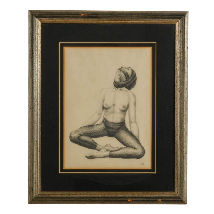 Framed Partial Nude Graphite Drawing on Paper Signed by Betül-1