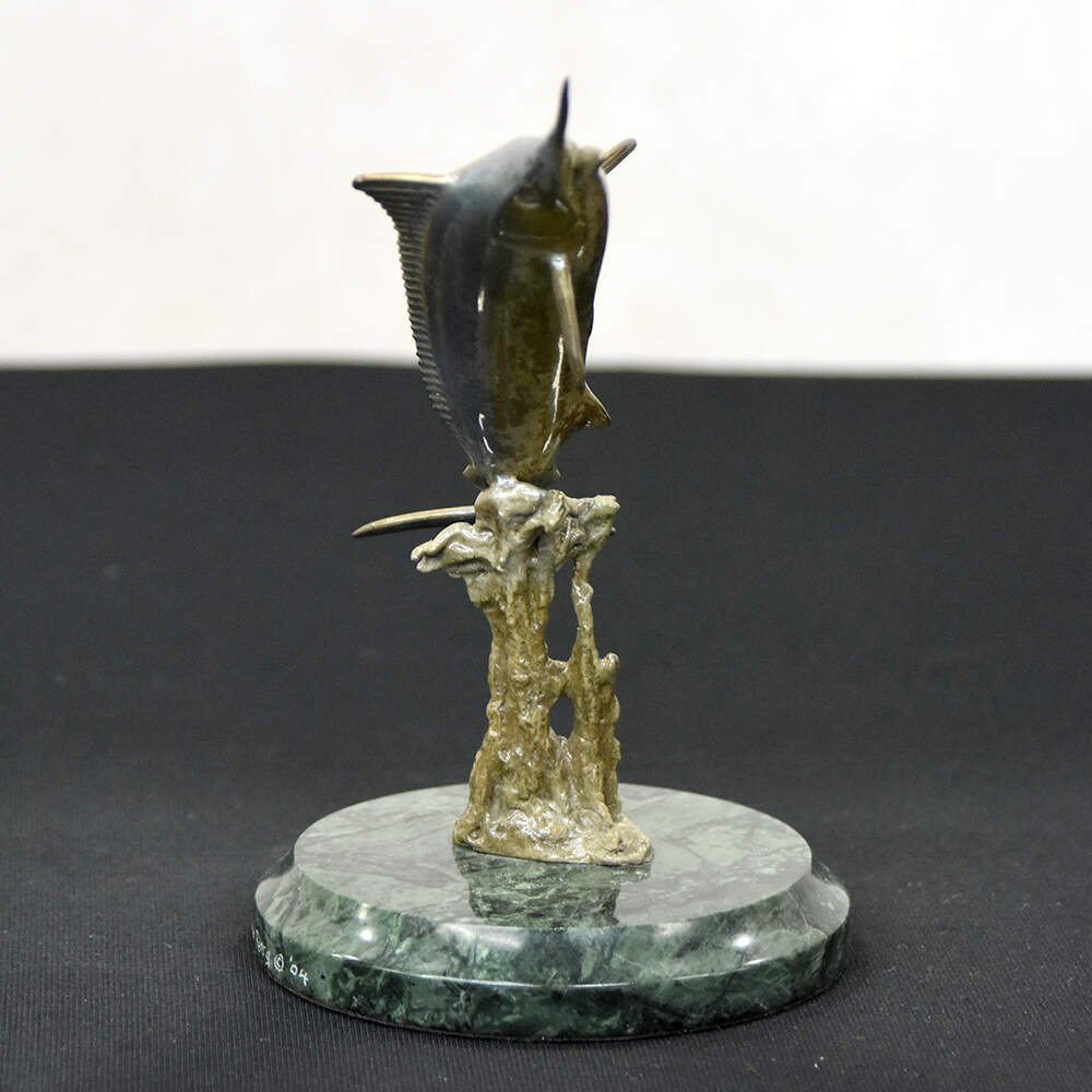 Signed John Perry Cold Patinated Bronze Jumping Marlin on Base-4