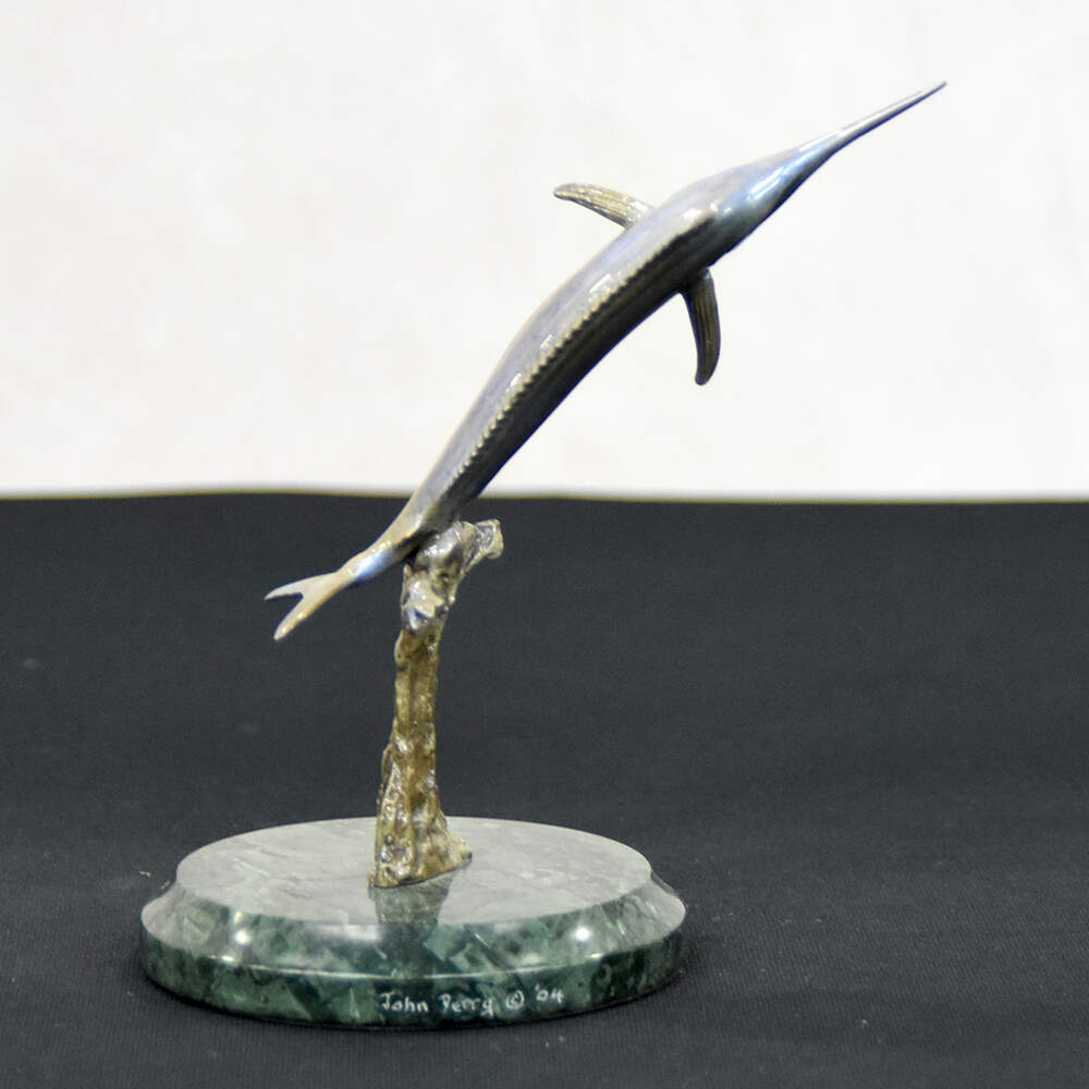 Signed John Perry Cold Patinated Bronze Jumping Marlin on Base-3