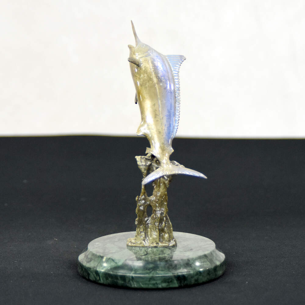 Signed John Perry Cold Patinated Bronze Jumping Marlin on Base-2