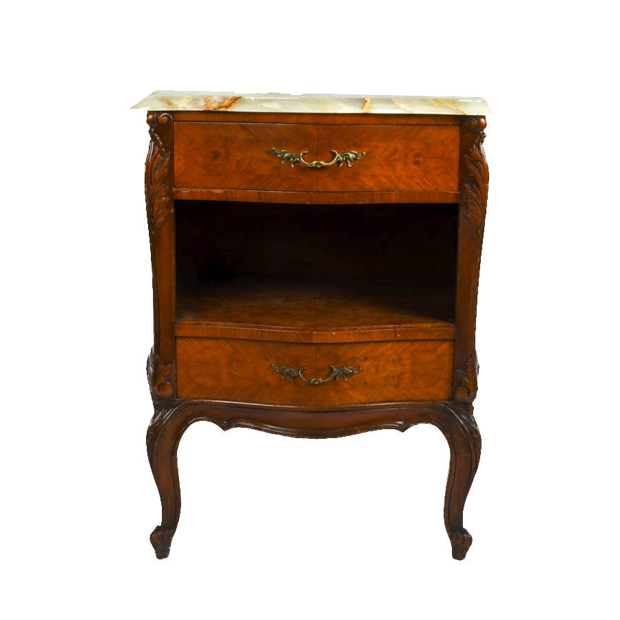Antique French Two Drawer Walnut and Marble Top Nightstand-1
