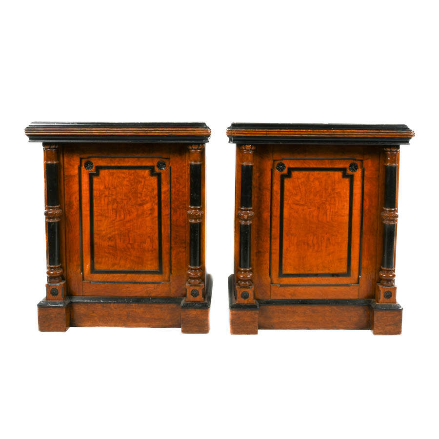 Antique Pair of Burl and Ebony Wood Cabinets-1