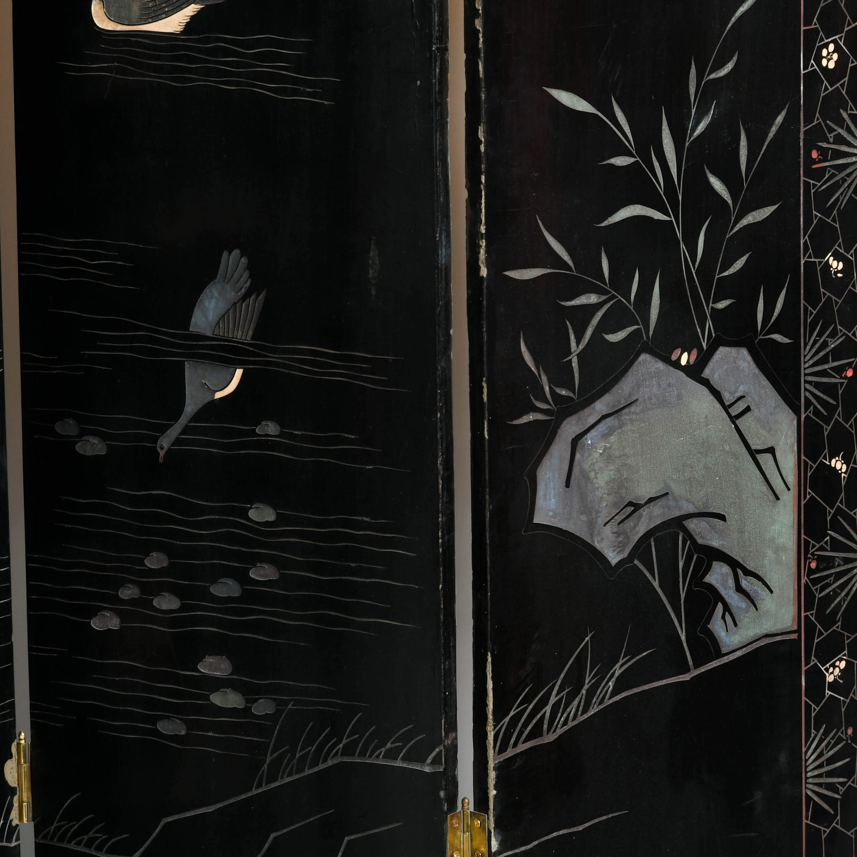 Chinese Eight Panel Black Lacquered Wooden Double Sided Room Screen Divider-15