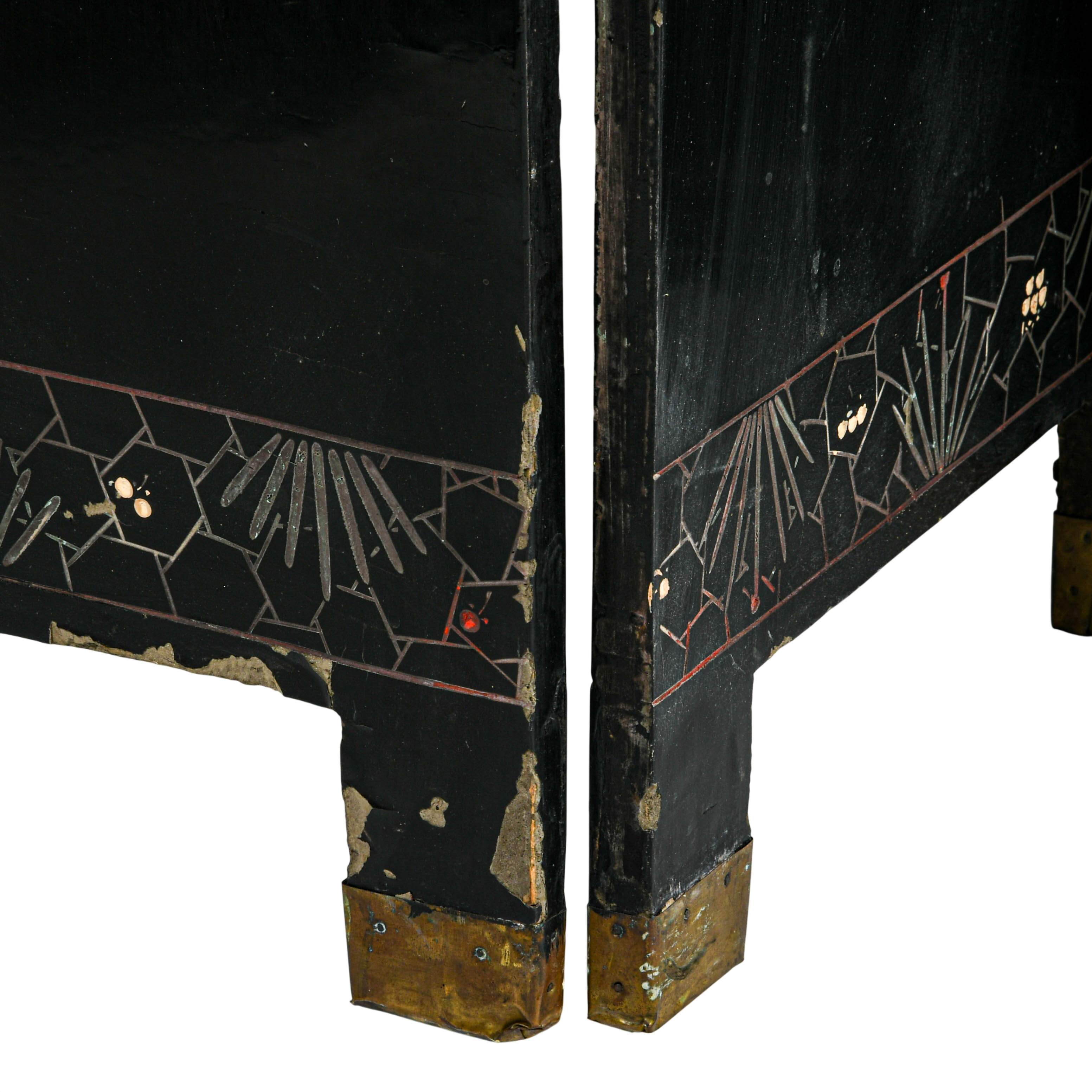 Chinese Eight Panel Black Lacquered Wooden Double Sided Room Screen Divider-6