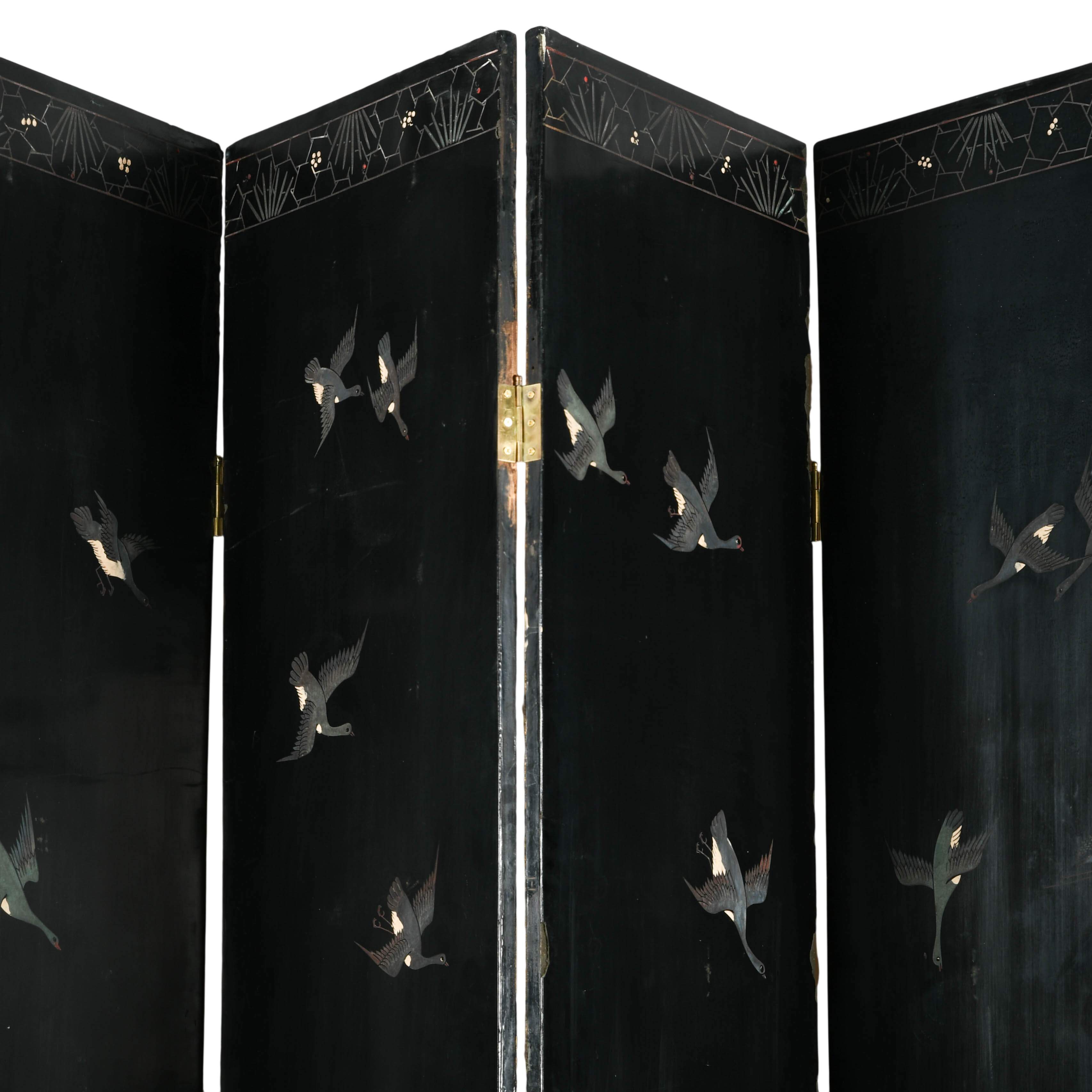 Chinese Eight Panel Black Lacquered Wooden Double Sided Room Screen Divider-4