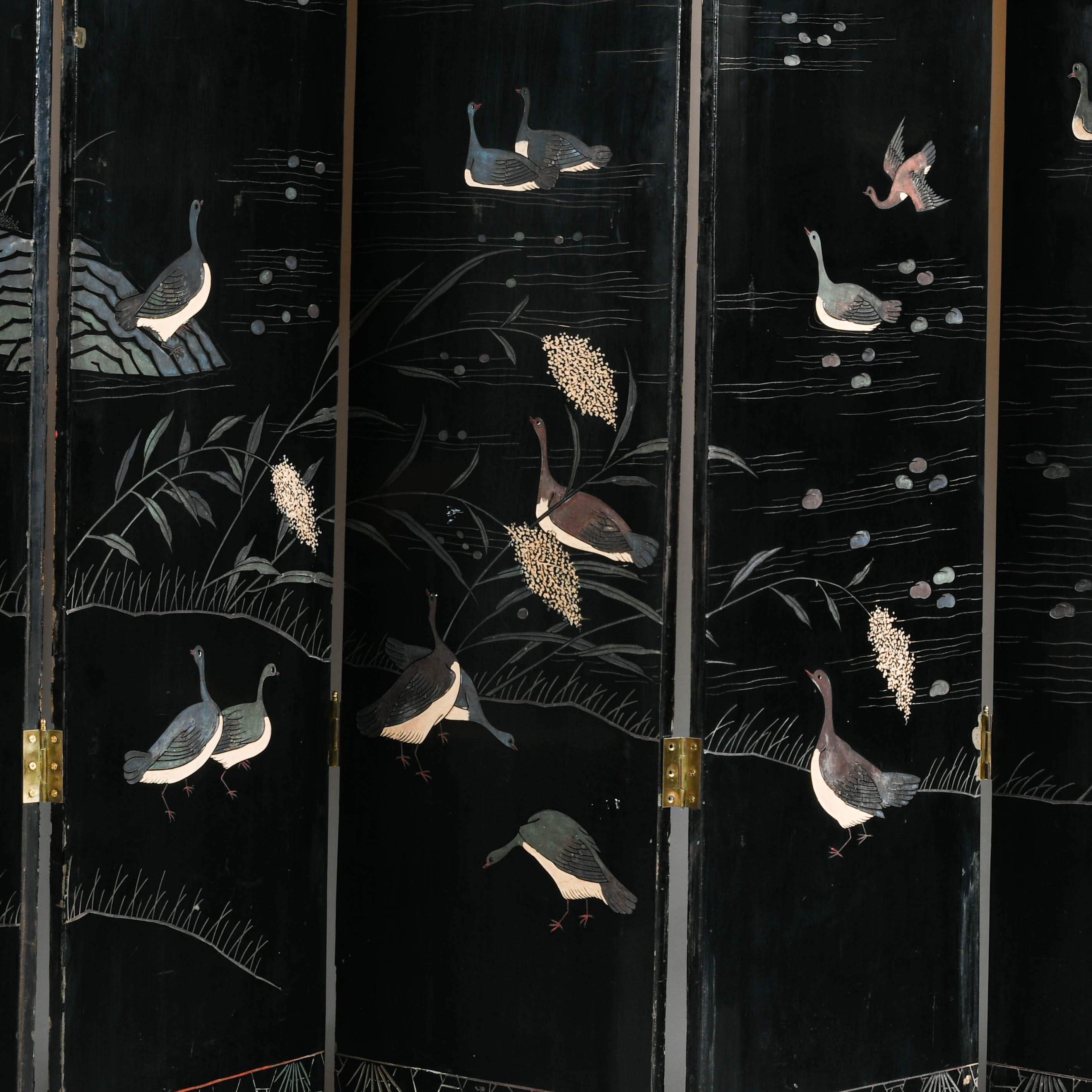 Chinese Eight Panel Black Lacquered Wooden Double Sided Room Screen Divider-2