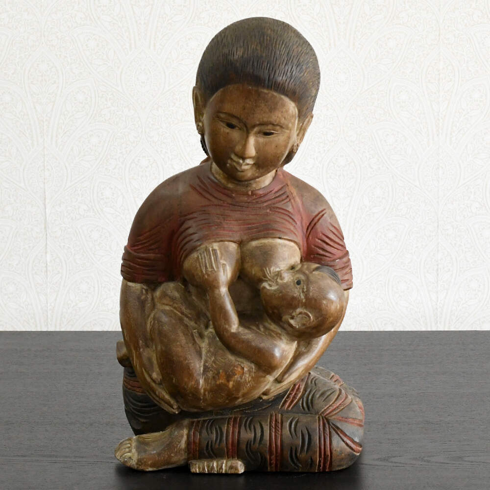 Hand-Carved Solid Wood Sculpture Mother and Baby-1