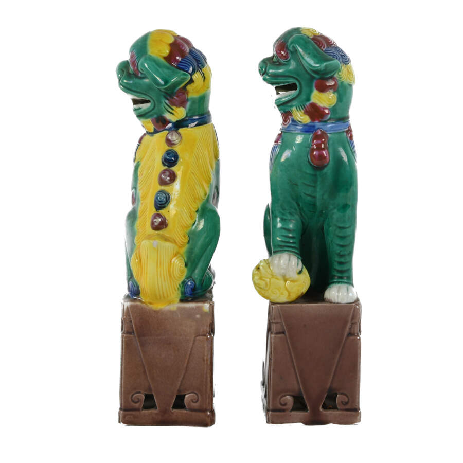 Antique Pair of Polychrome Imperial Lion Ceramic Figures-3