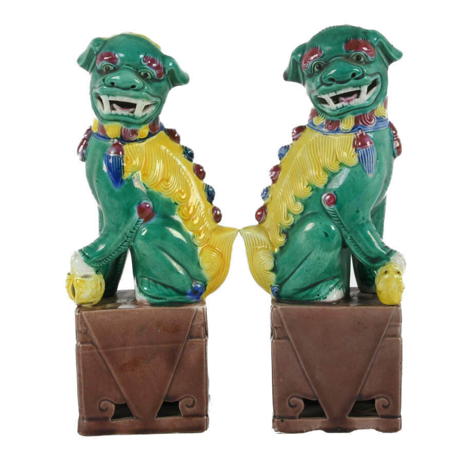 Antique Pair of Polychrome Imperial Lion Ceramic Figures-1