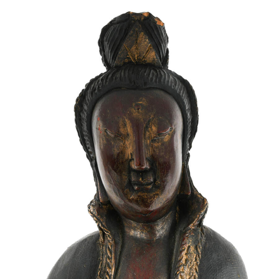 Antique Chinese Hand-Carved Wood Guan Yin on Lotus Flower-3