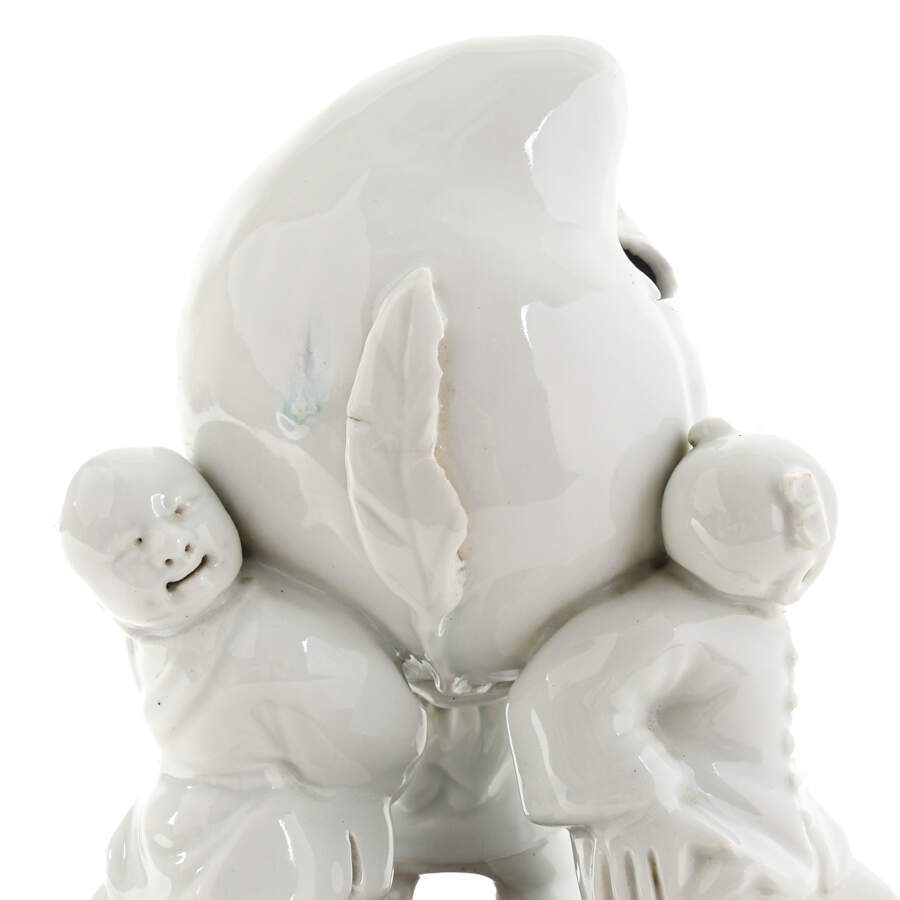 Chinese Blanc De Chine Three Children Carrying a Peach Porcelain Statue-4