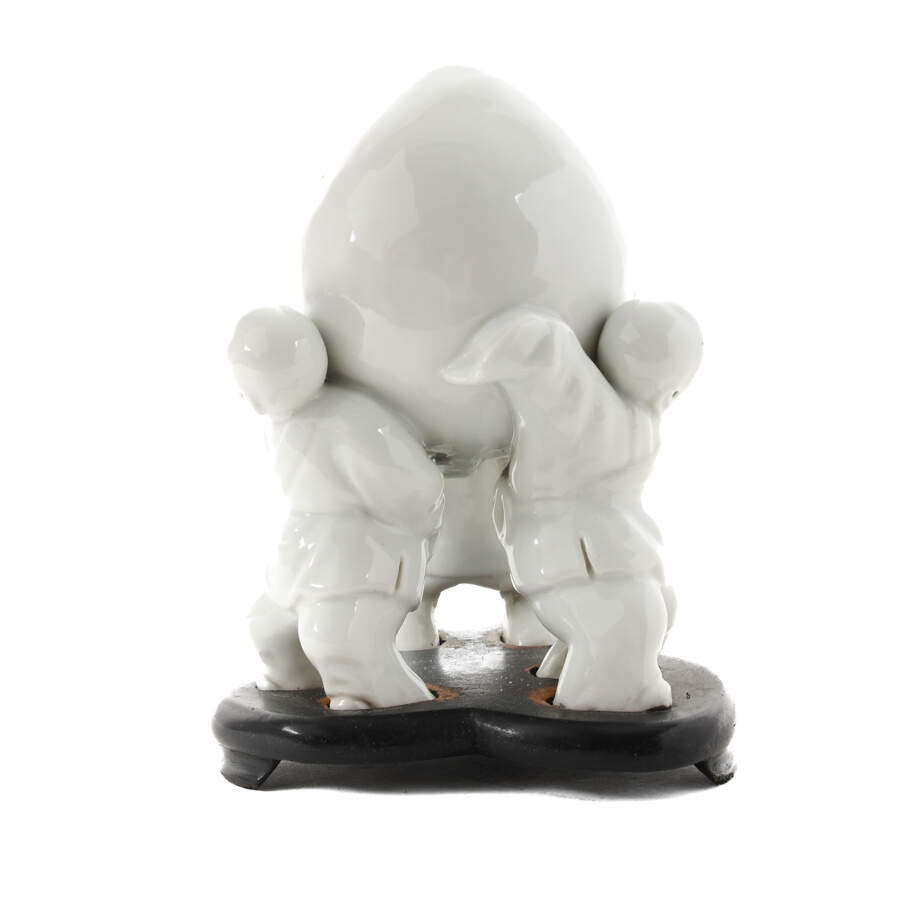 Chinese Blanc De Chine Three Children Carrying a Peach Porcelain Statue-3