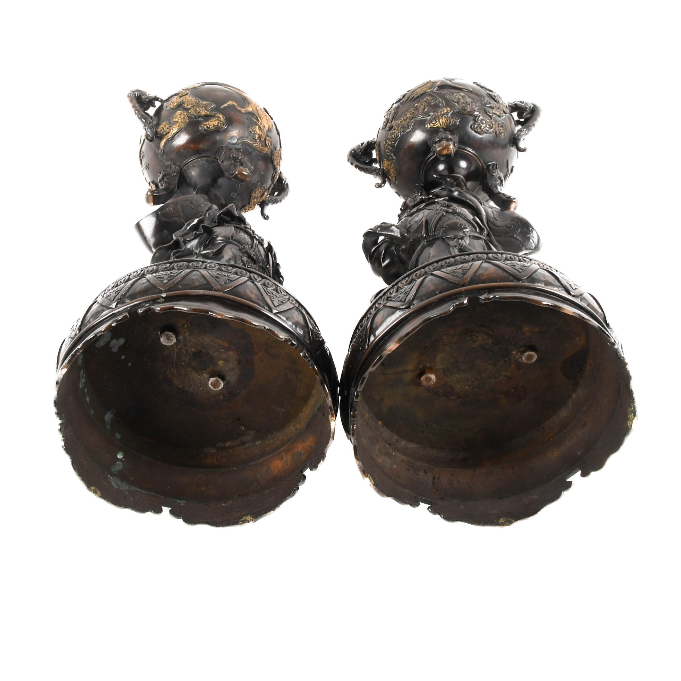 Antique Matched Pair of Japanese Warriors Lifting Footed Pots-9