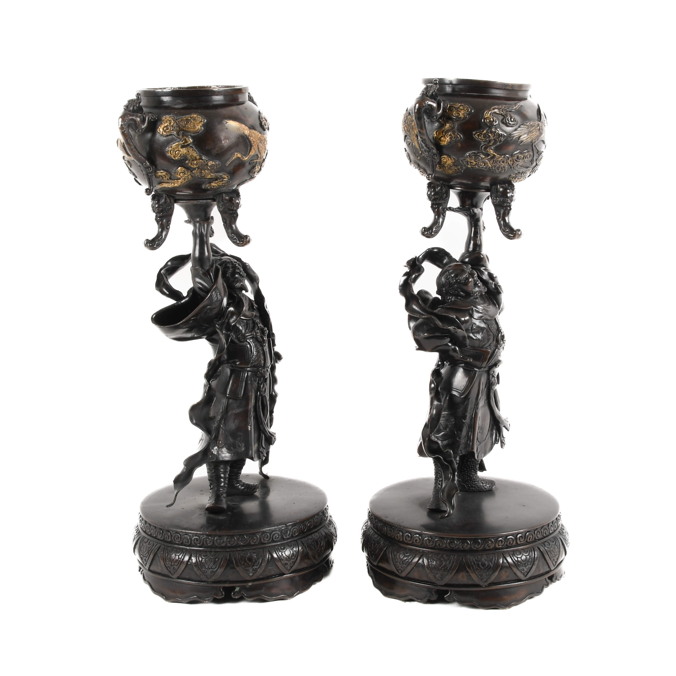 Antique Matched Pair of Japanese Warriors Lifting Footed Pots-4
