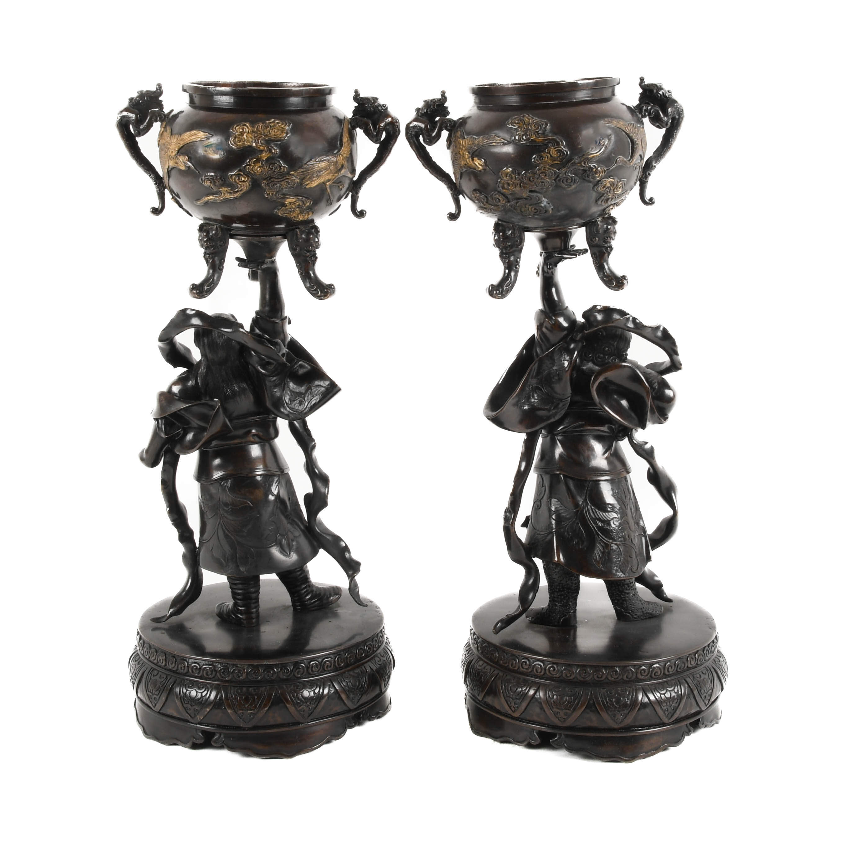 Antique Matched Pair of Japanese Warriors Lifting Footed Pots-3