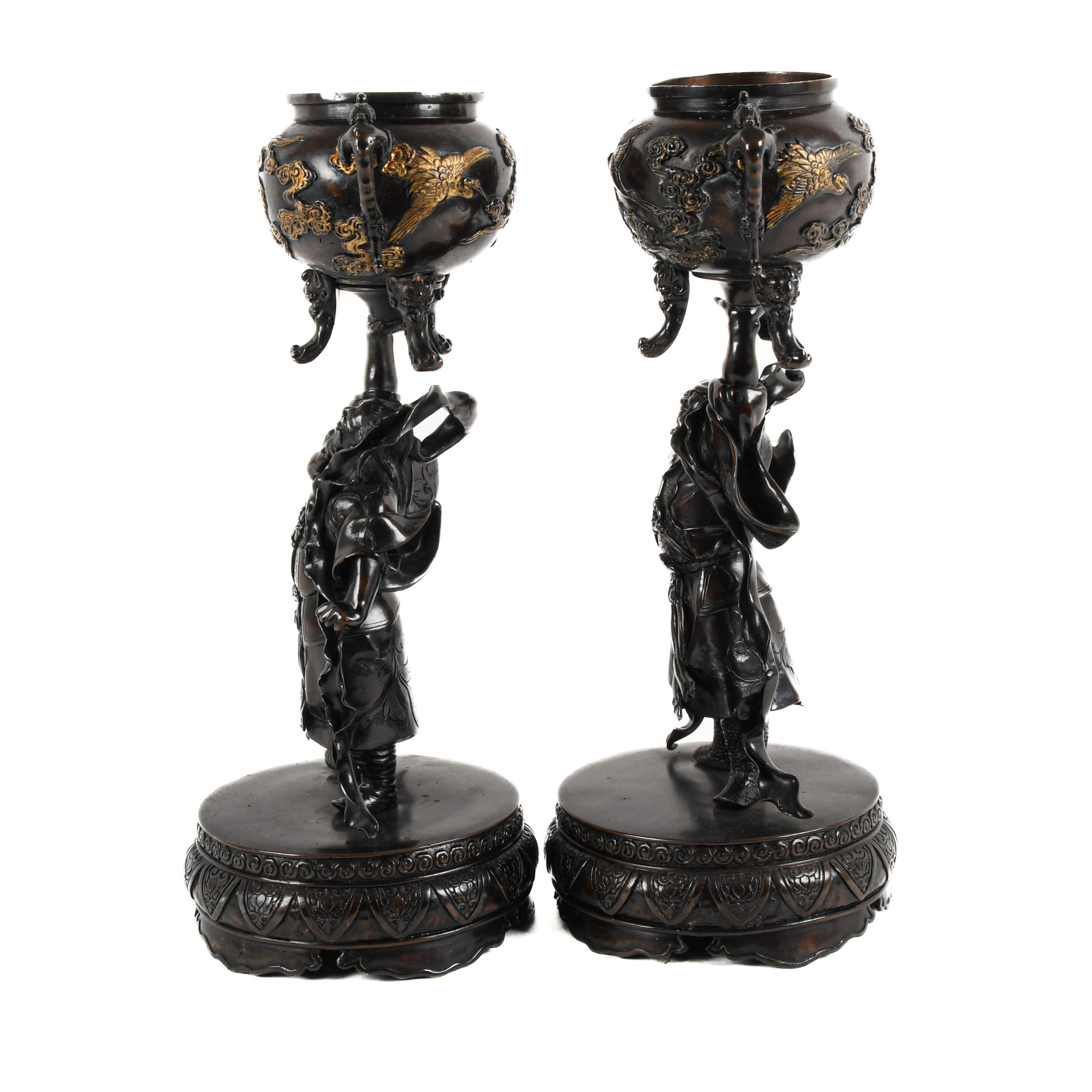 Antique Matched Pair of Japanese Warriors Lifting Footed Pots-2