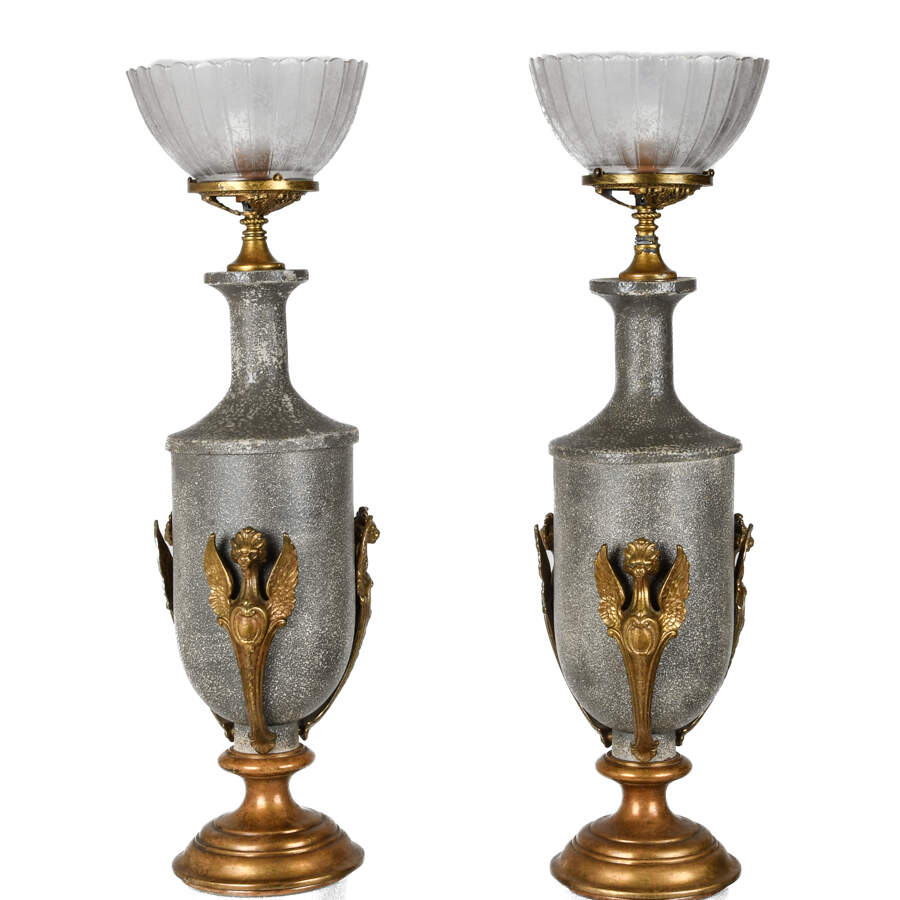 Pair of Neoclassical Floor Lamps with Etched Glass Shades-2