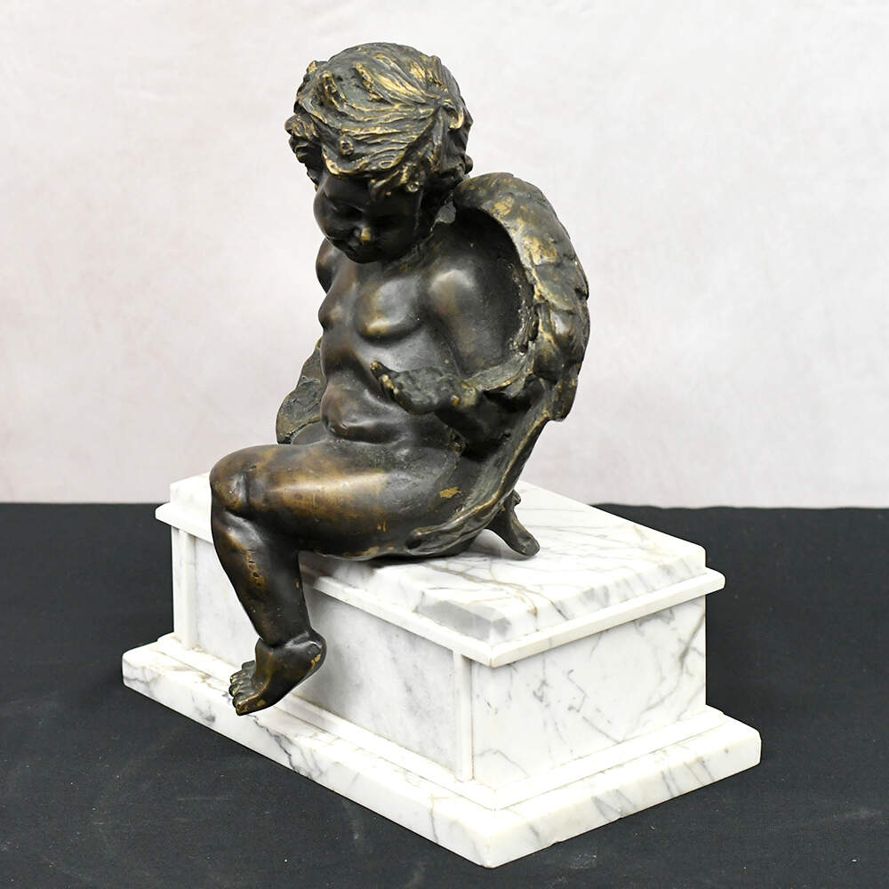 Vintage Bronze Sculpture of Cupid Sitting on a Marble Base-7