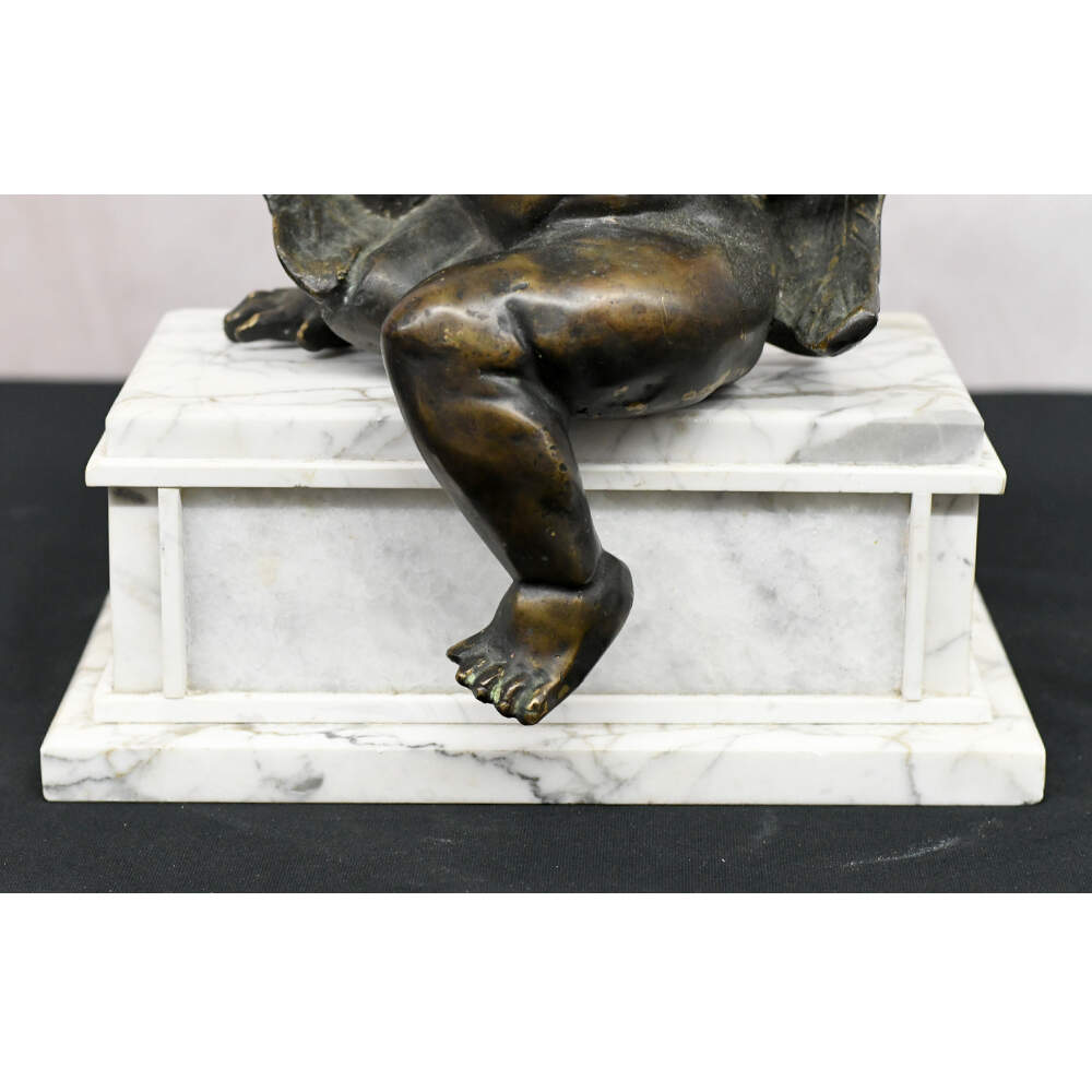 Vintage Bronze Sculpture of Cupid Sitting on a Marble Base-3