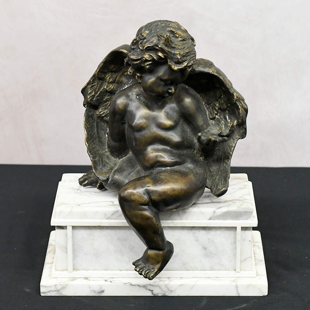 Vintage Bronze Sculpture of Cupid Sitting on a Marble Base-1