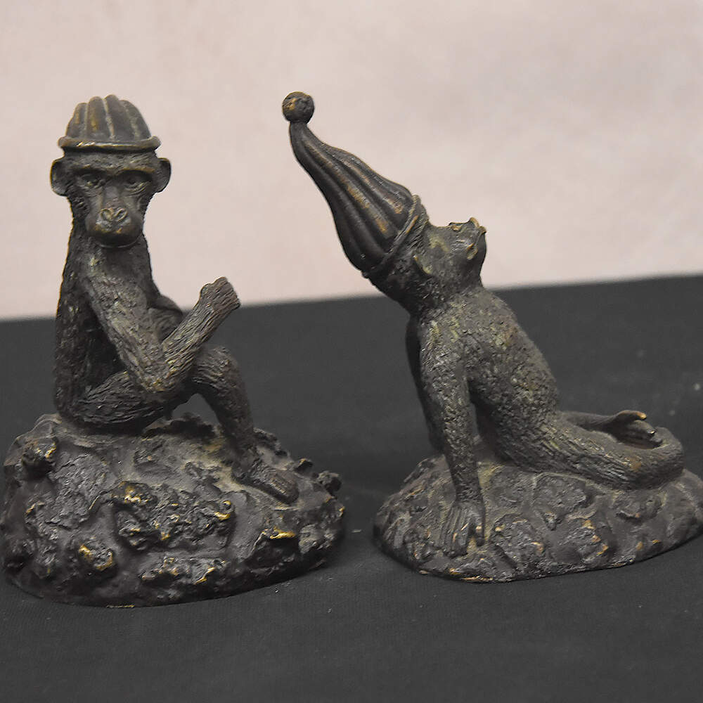 Pair of Curious Maitlaid-Smith Bronze Monkeys in Hats-8