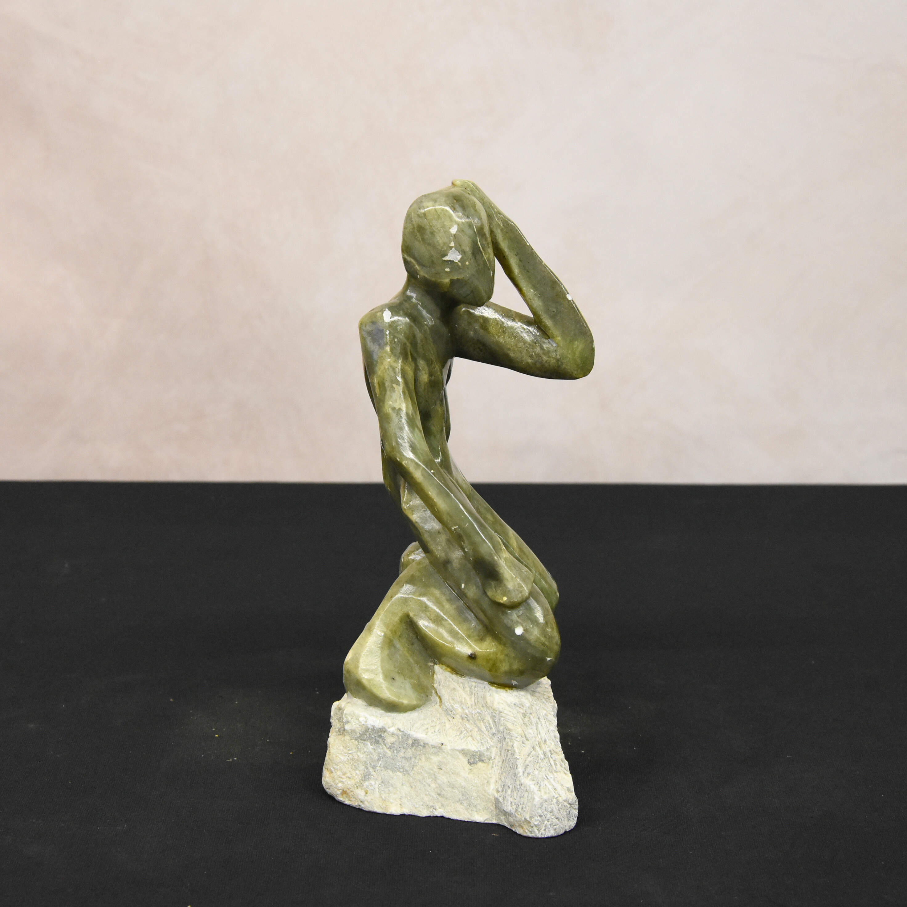 Brazilian Mineiro Craftsmanship Center Green Carved Stone Figure Sculpture-4