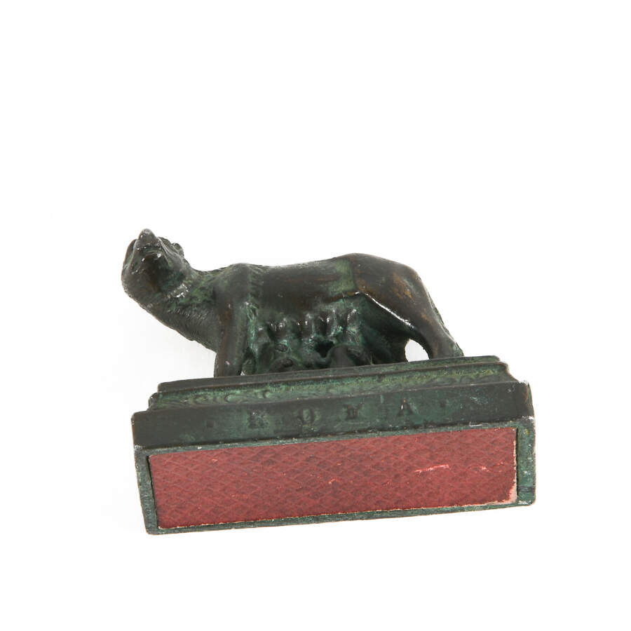 Miniature Metal Match Strike Sculpture of a She Wolf Feeding Roman Twins-6
