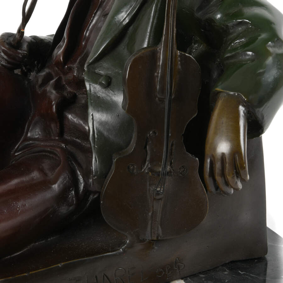 Antique Bronze Idle Fiddler Statue on Marble Base After Leon Tharel-8