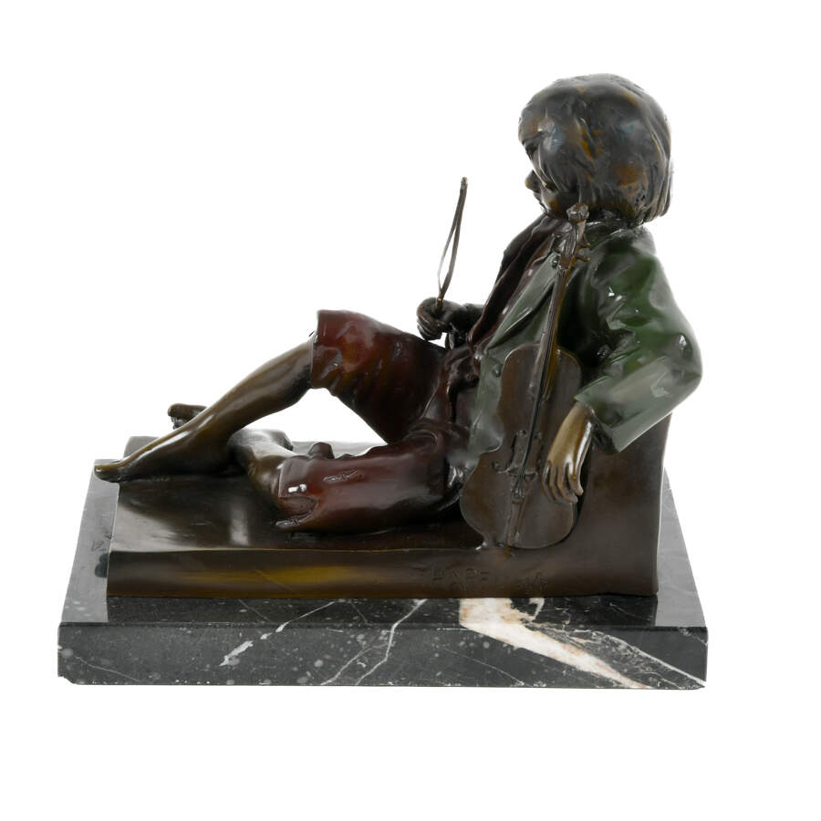 Antique Bronze Idle Fiddler Statue on Marble Base After Leon Tharel-2