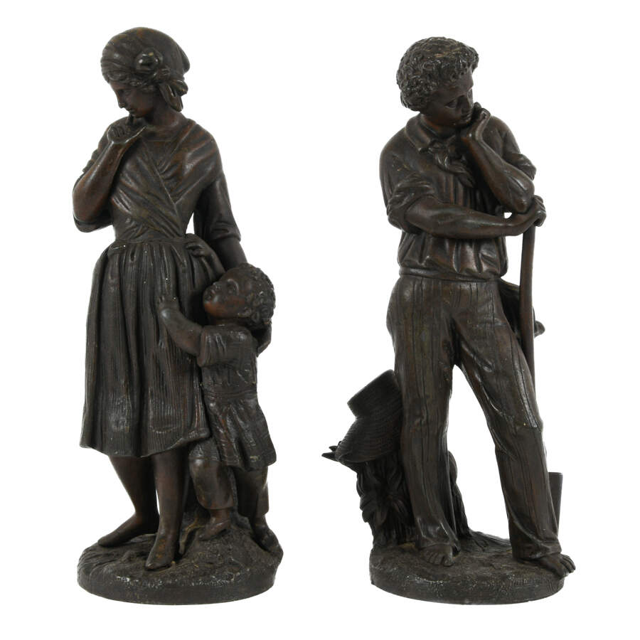 Antique Grouping of Two Bronze Statues of a Farming Family-1