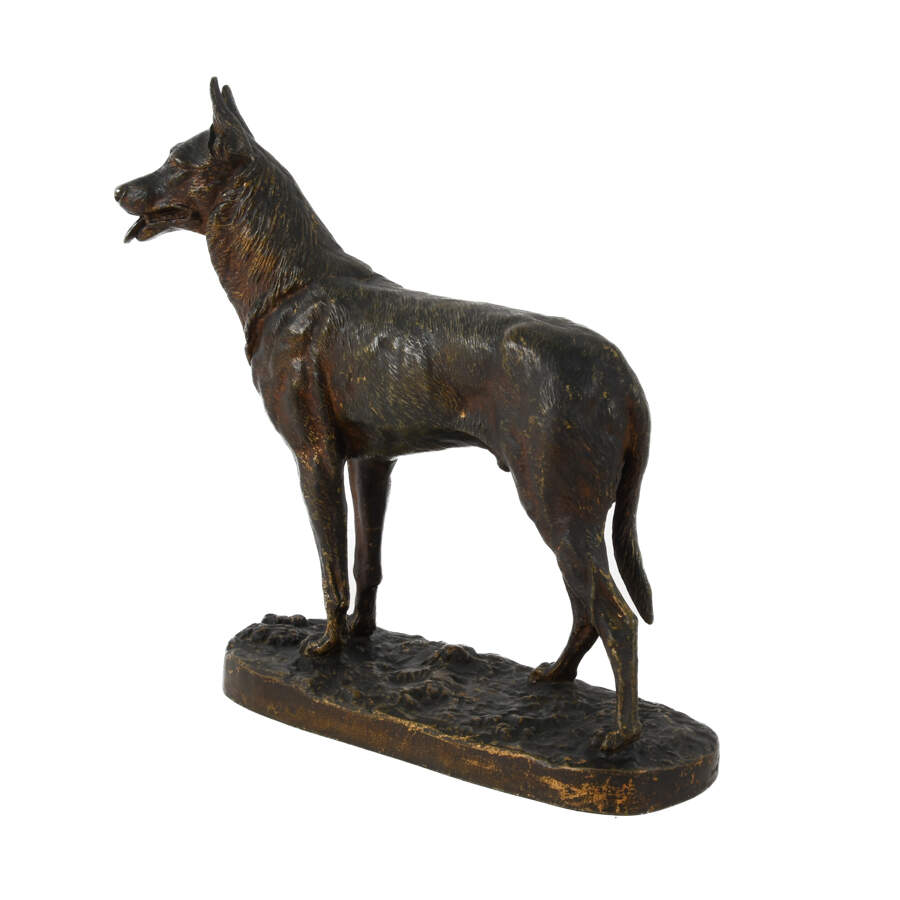 Antique French Signed "Terrier" Bronze German Shepherd Dog Sculpture-2