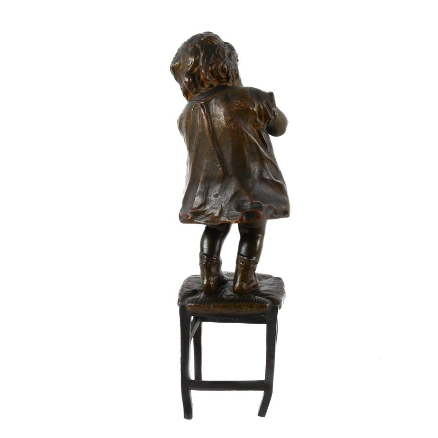 Signed Juan Clara Ayats's "Child on Stool" Bronze Sculpture-7