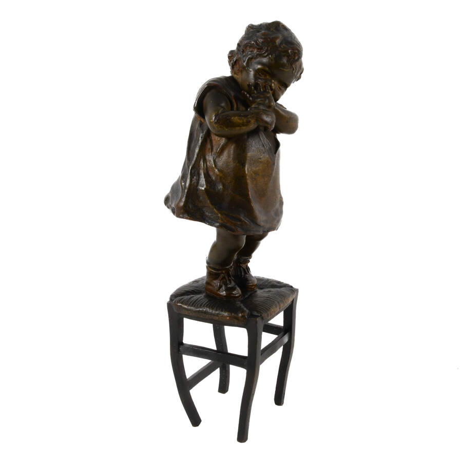 Signed Juan Clara Ayats's "Child on Stool" Bronze Sculpture-6