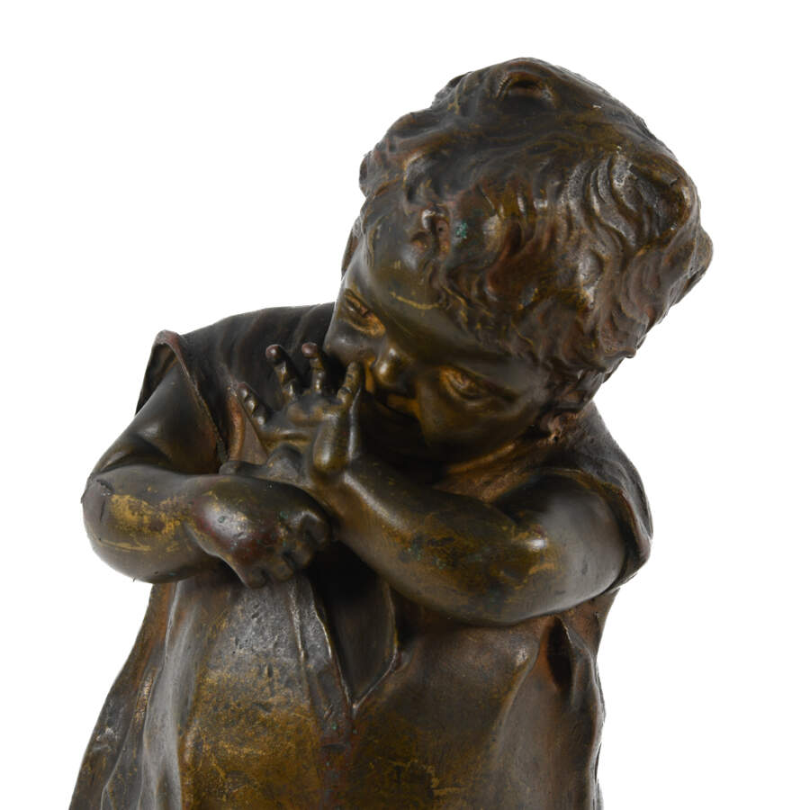 Signed Juan Clara Ayats's "Child on Stool" Bronze Sculpture-3